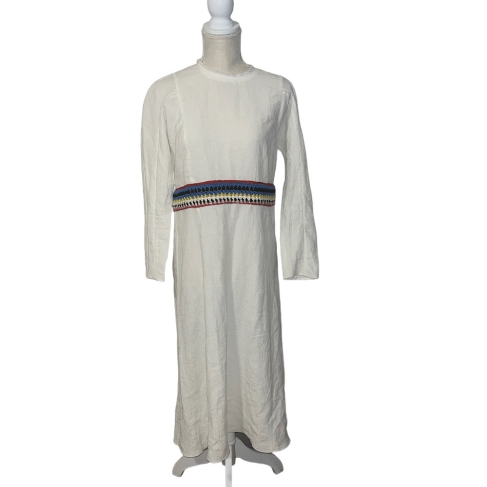 CHLOE WHITE MAXI DRESS MULTICOLOR WAIST LONG SLEEVES SIZE US 10 FR 42